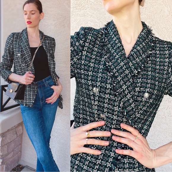 RACHEL ZOE Green & Black Textured Boucle Tweed Fringe Blazer Suit Jacket M - Picture 9 of 15